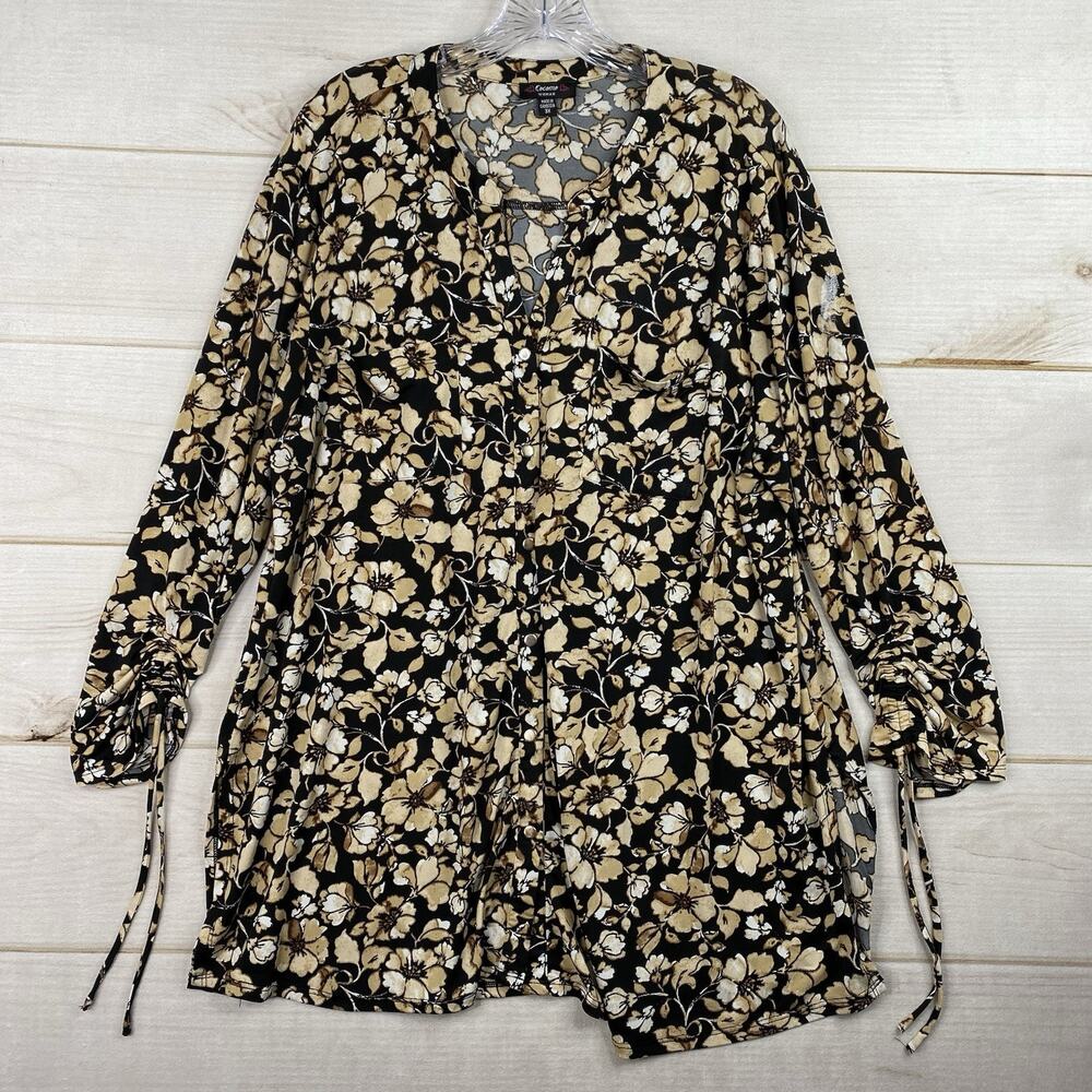 COCOMO 3X Tunic Top Black Brown Boho Floral Button Up Ruched Sleeve Pocket